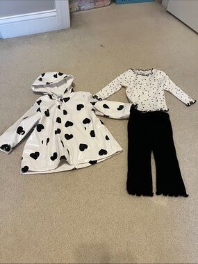 Little Girls Black & White Heart Raincoat with Matching Top and Black Pants